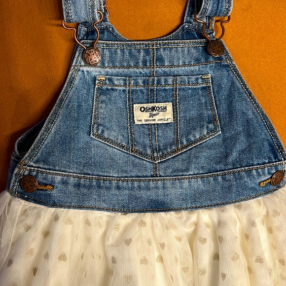 2T OshKosh Toddler Overalls Champagne Jean Dress w/ Gold Glitter Tulle Hearts - Picture 2 of 5